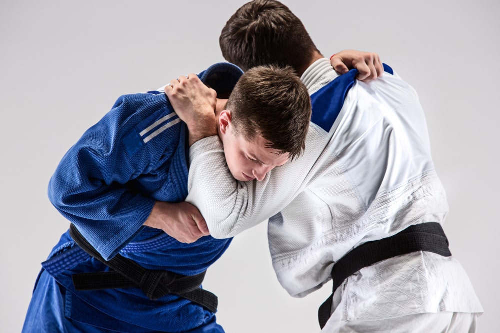 two judokas fighters fighting men min